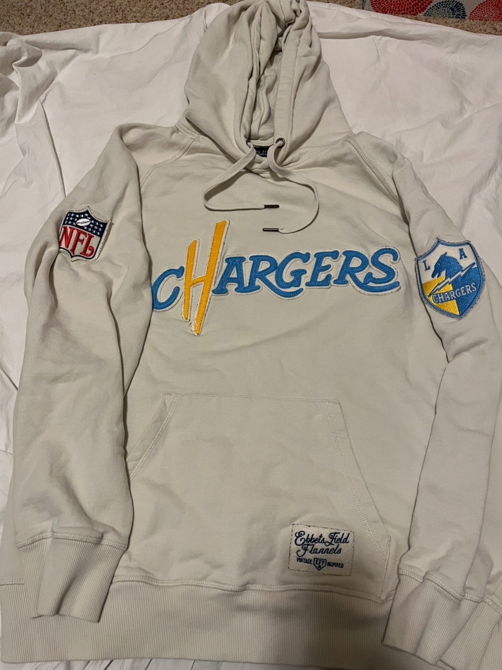 Ebbets Field Flannels Cream LA Chargers Pullover with Blue & Gold Script